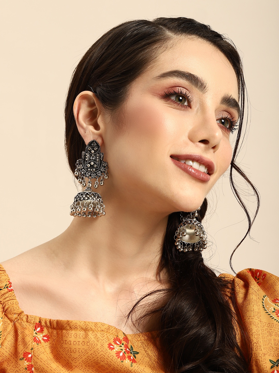 

Anouk Women Dome Shaped Oxidised Jhumkas, Silver
