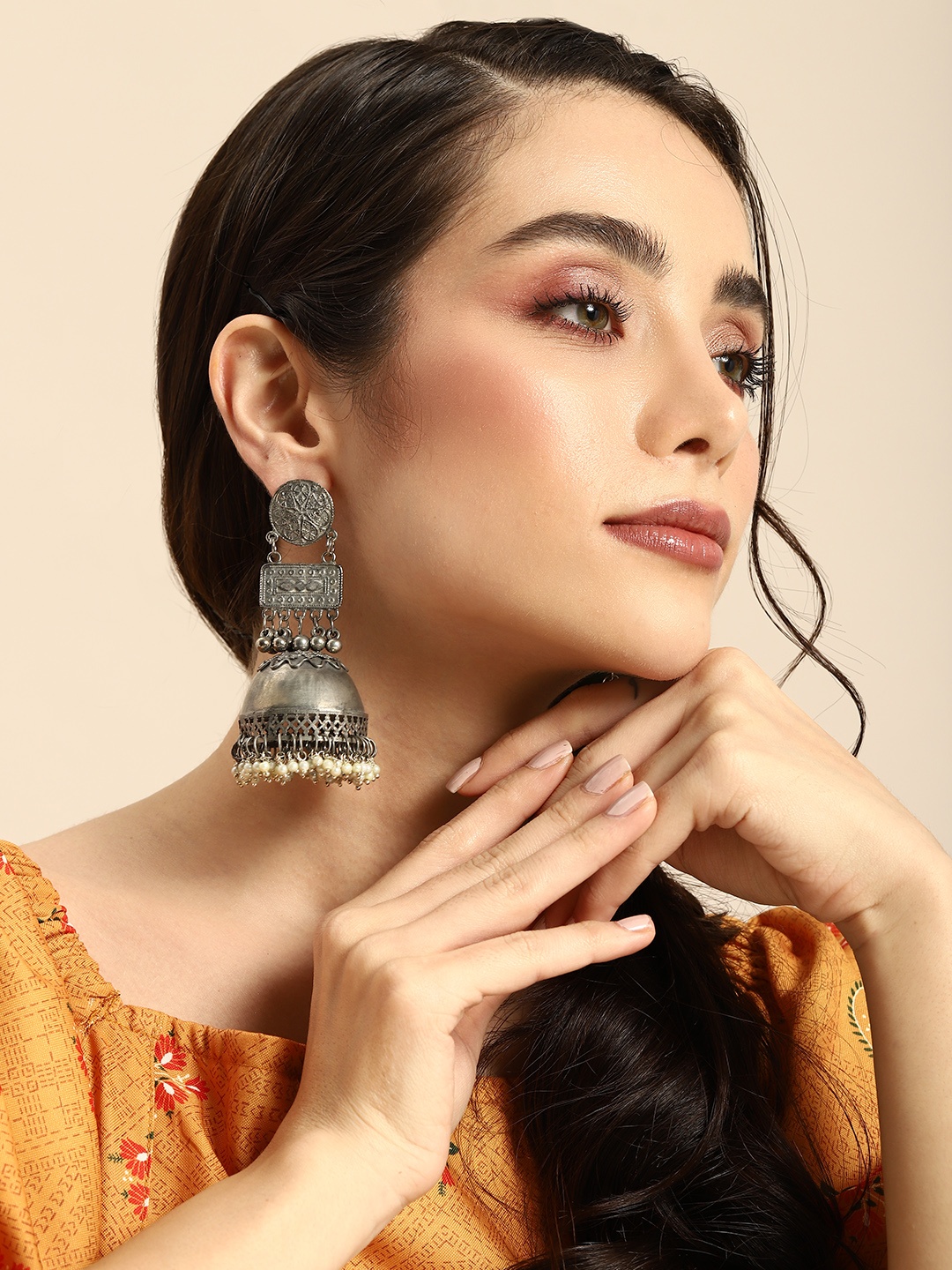 

Anouk Oxidised Dome Shaped Jhumkas, Silver