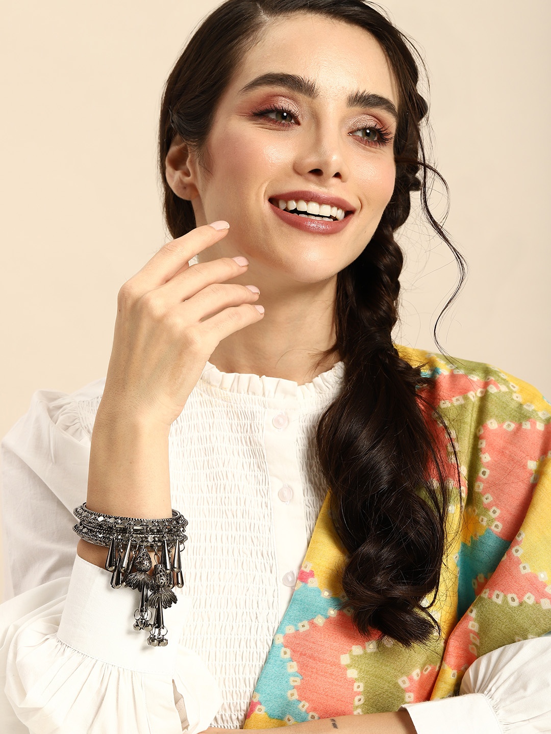 

Anouk Set of 2 Textured Oxidised Artificial Beads Bangles with Latkan, Silver