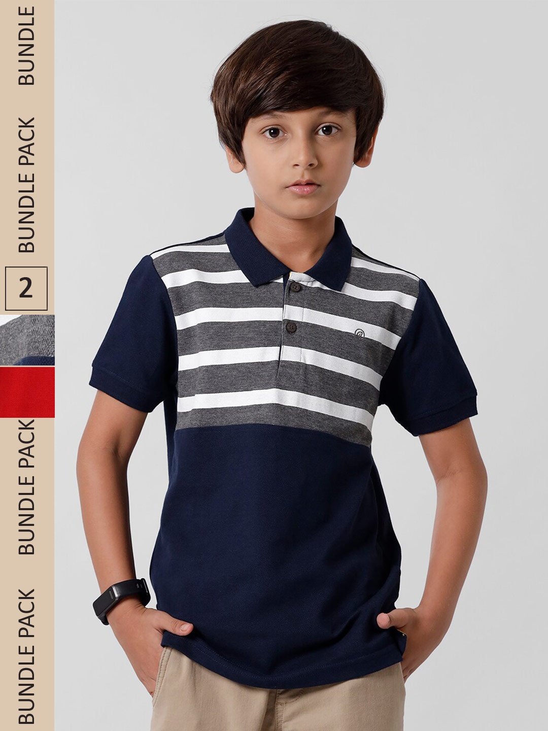 

PIPIN Boys Pack Of 2 Striped Polo Collar Cotton T-shirt, Navy blue