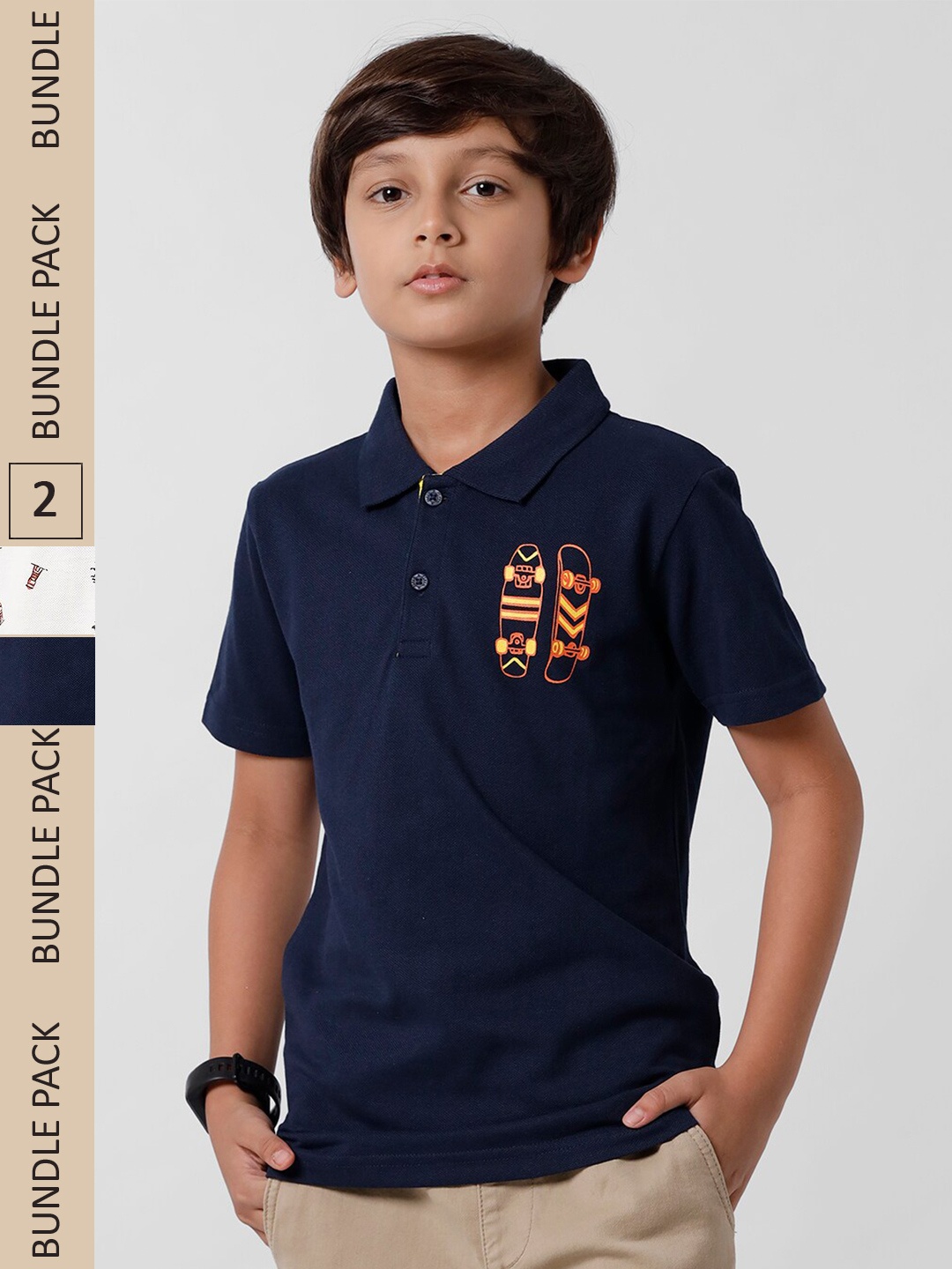 

PIPIN Boys Pack Of 2 Polo Collar Cotton T-shirts, Navy blue