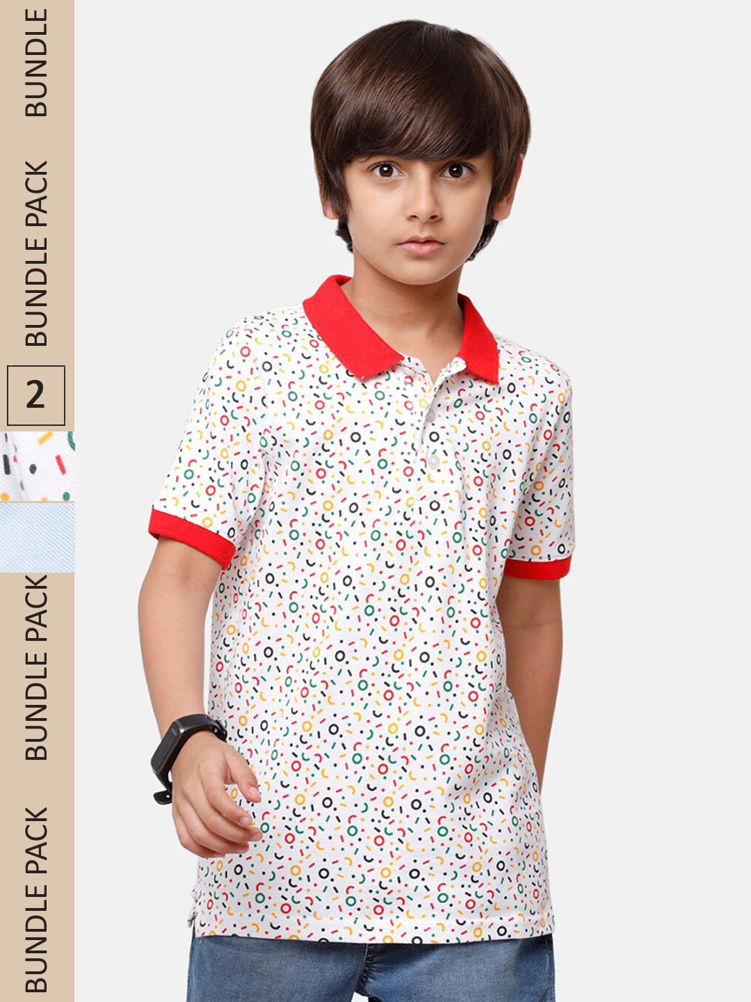 

PIPIN Boys Pack Of 2 Conversational Printed Polo Collar Cotton T-shirt, White