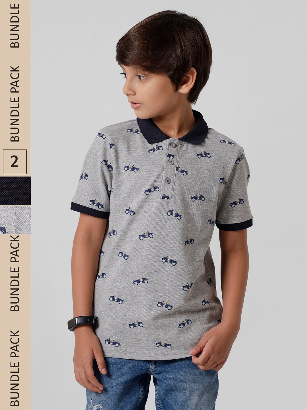 

PIPIN Boys Pack Of 2 Polo Collar Printed Cotton T-shirt, Grey