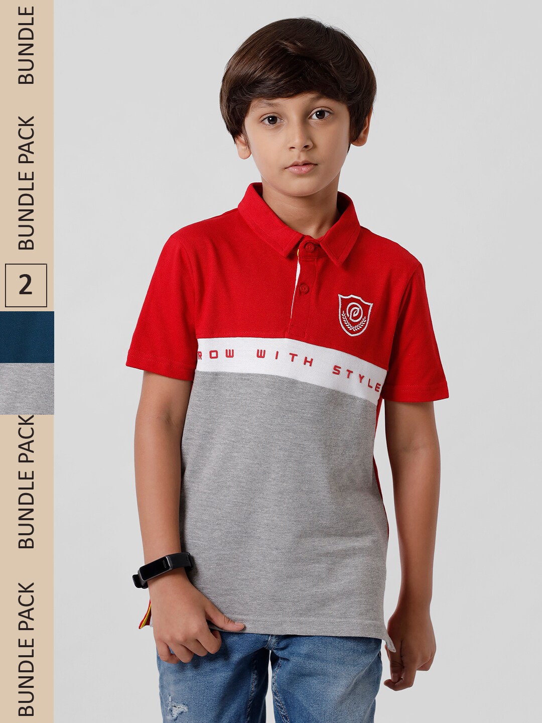 

PIPIN Boys Pack Of 2 Colourblocked Polo Collar Cotton T-shirt, Red