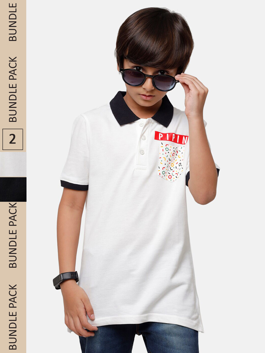

PIPIN Boys Pack Of 2 Polo Collar Cotton T-shirt, White