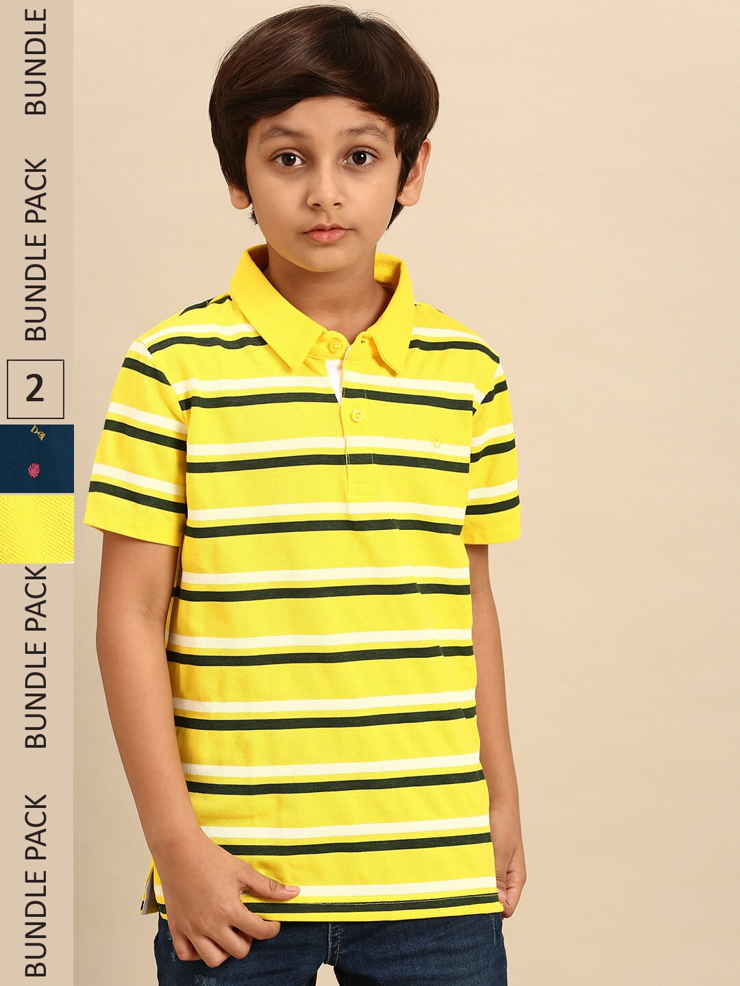 

PIPIN Boys Pack Of 2 Striped Polo Collar Cotton T-shirt, Yellow