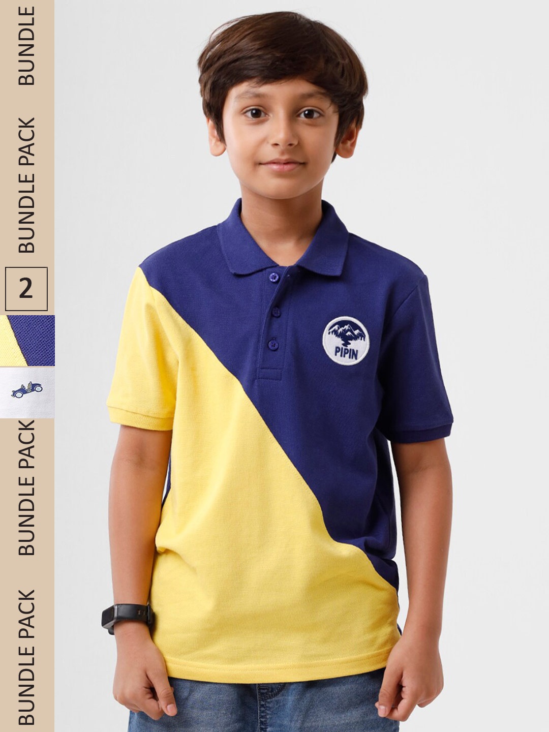 

PIPIN Boys Pack Of 2 Polo Collar Cotton T-shirt, Navy blue