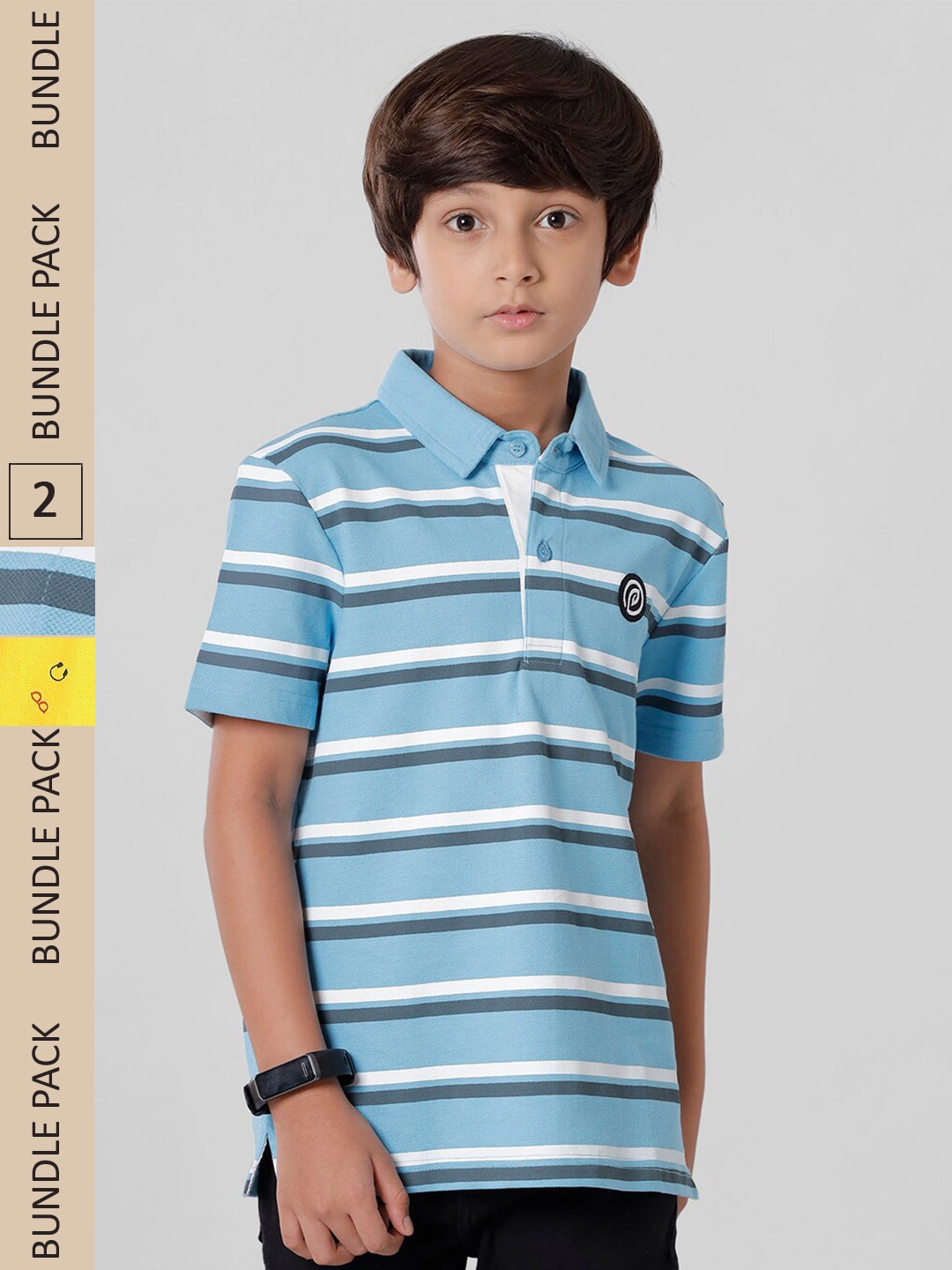 

PIPIN Boys Printed Pack Of 2 Polo Collar Cotton T-Shirt, Blue