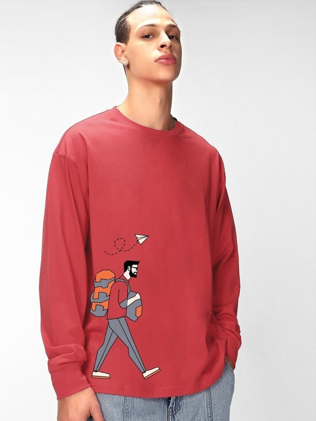 

Bewakoof Cotton Graphic Printed Oversized Fit T-shirt, Red