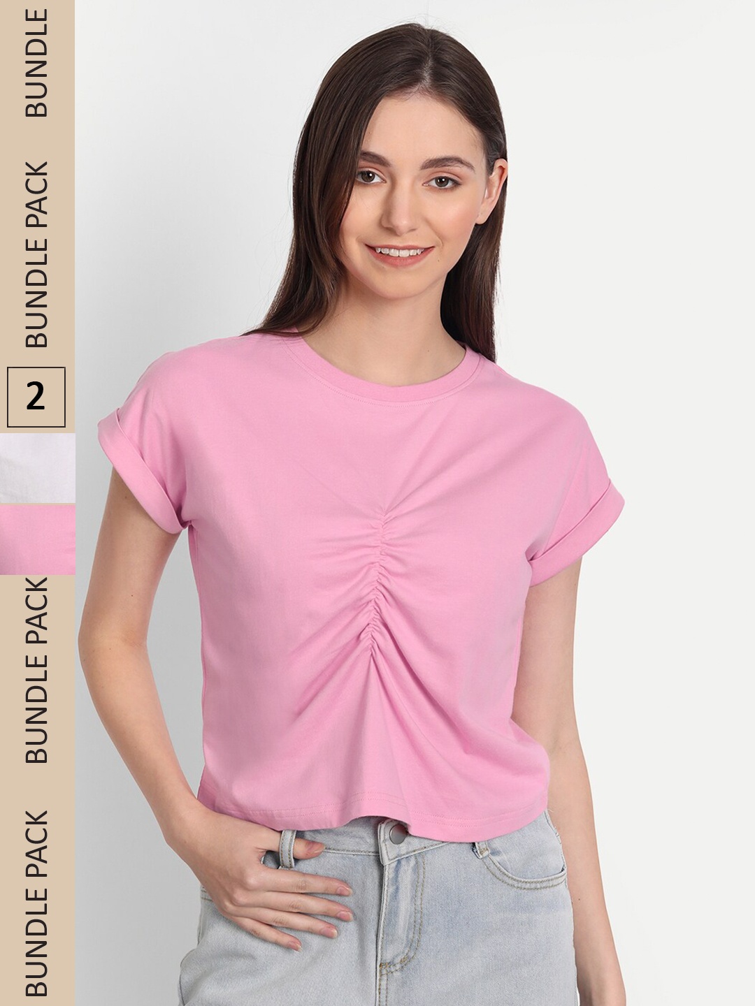 

iki chic Pack Of 2 Ruched Cotton Top, Pink