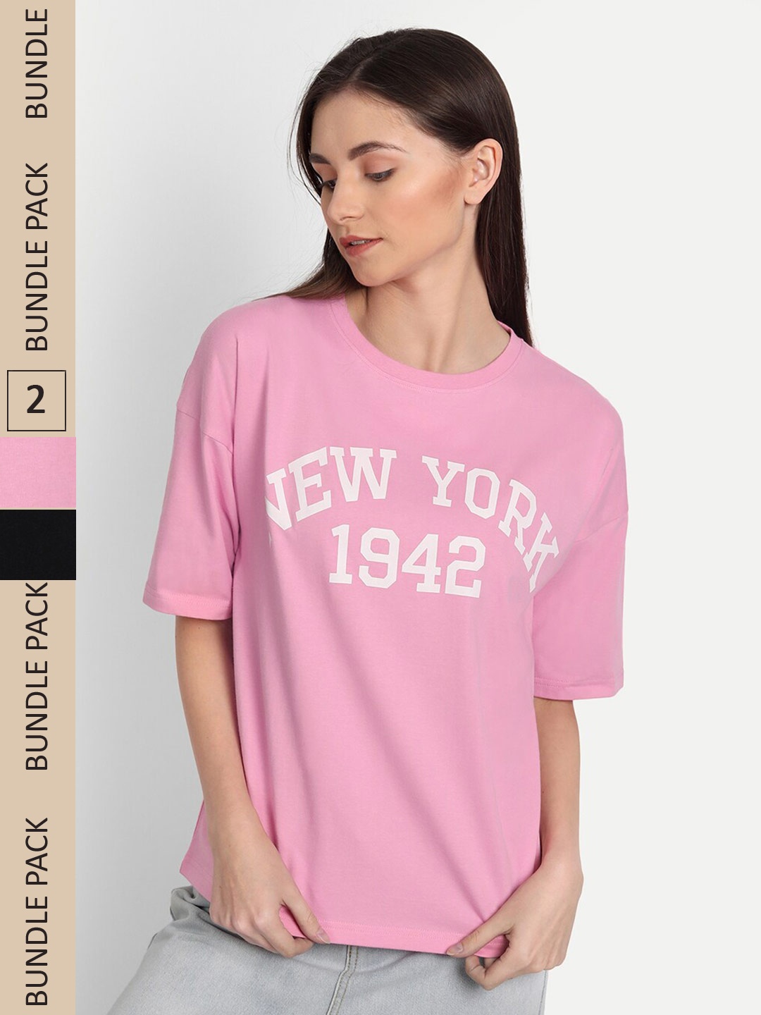

iki chic Pack Of 2 Typography Printed Drop-Shoulder Sleeves T-shirts, Pink