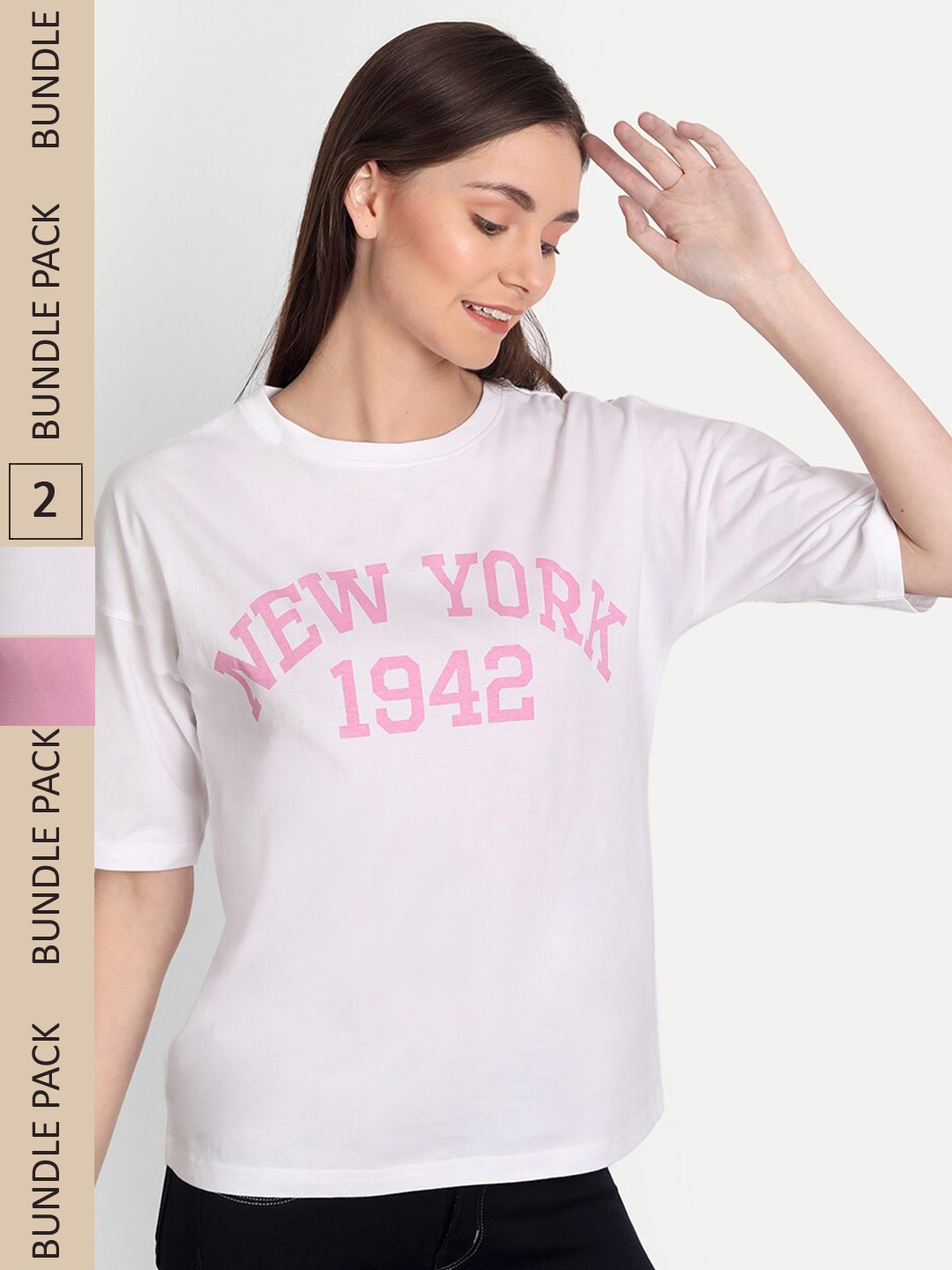 

iki chic Pack Of 2 Round Neck Oversized Typography Printed & Ruched Cotton Top, White