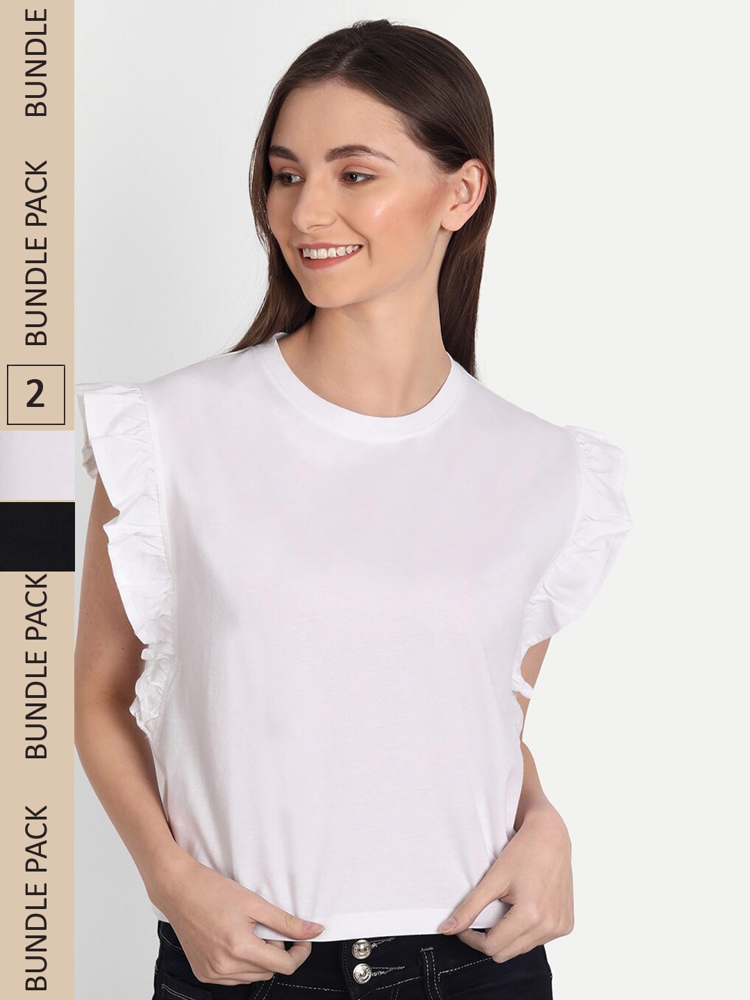 

iki chic Pack Of 2 Ruffled Cotton Crop Top, White