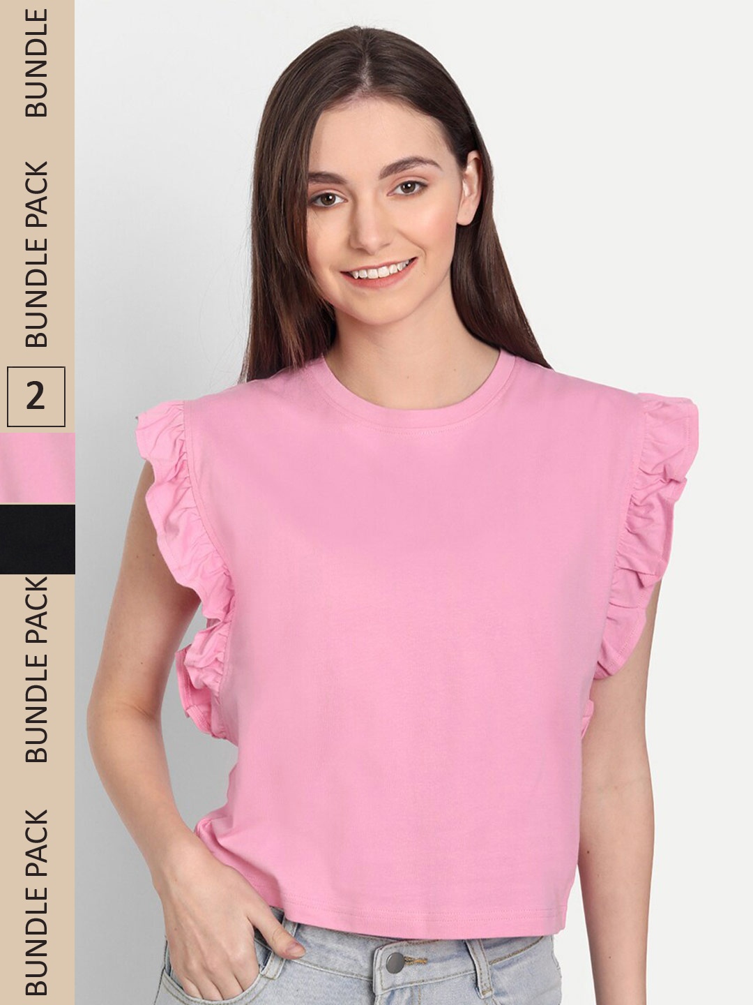 

iki chic Pack Of 2 Flutter Sleeves Ruffled Cotton Top, Pink