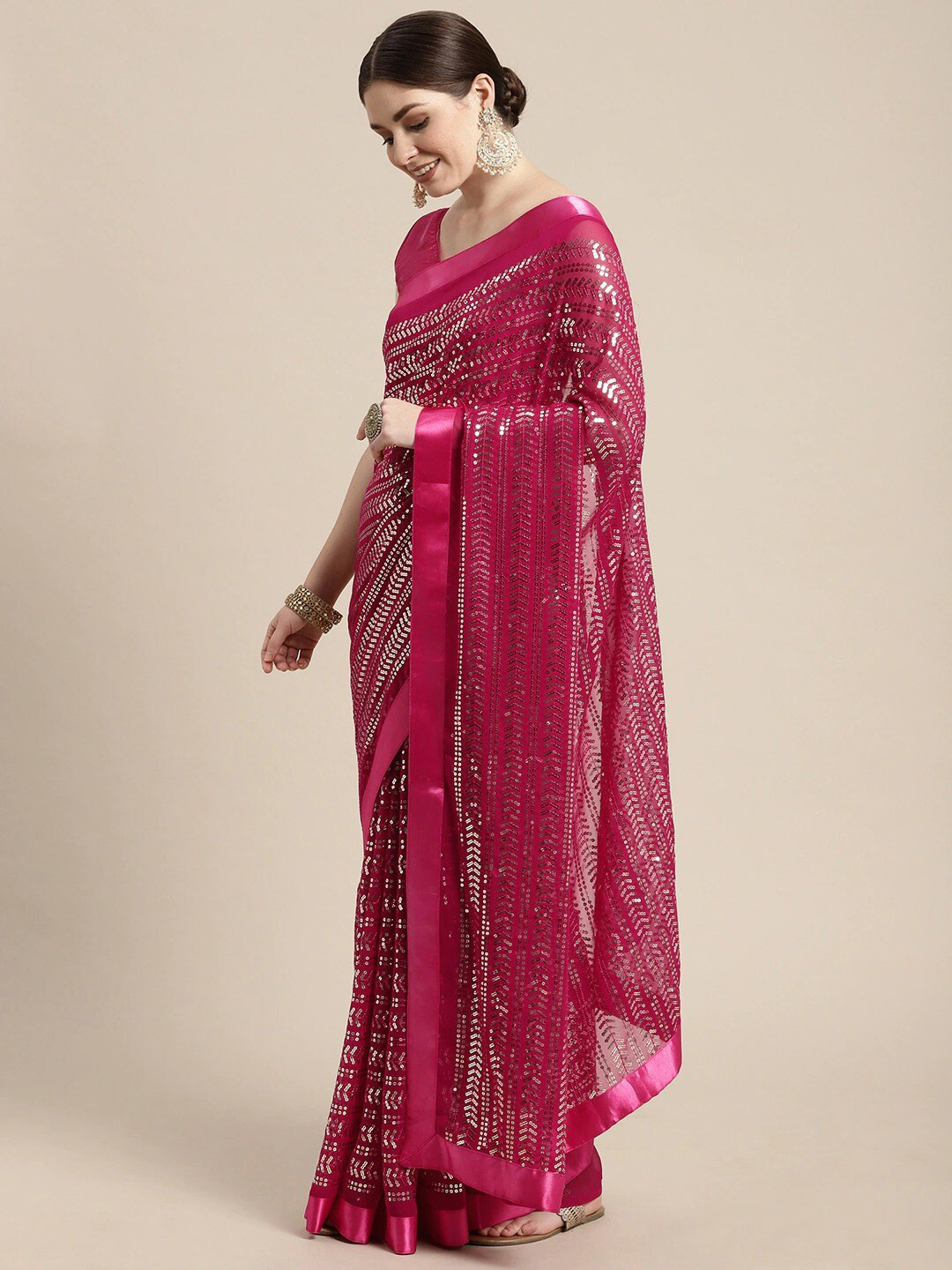 

Mitera Embellished Sequinned Heavy Work Saree, Pink