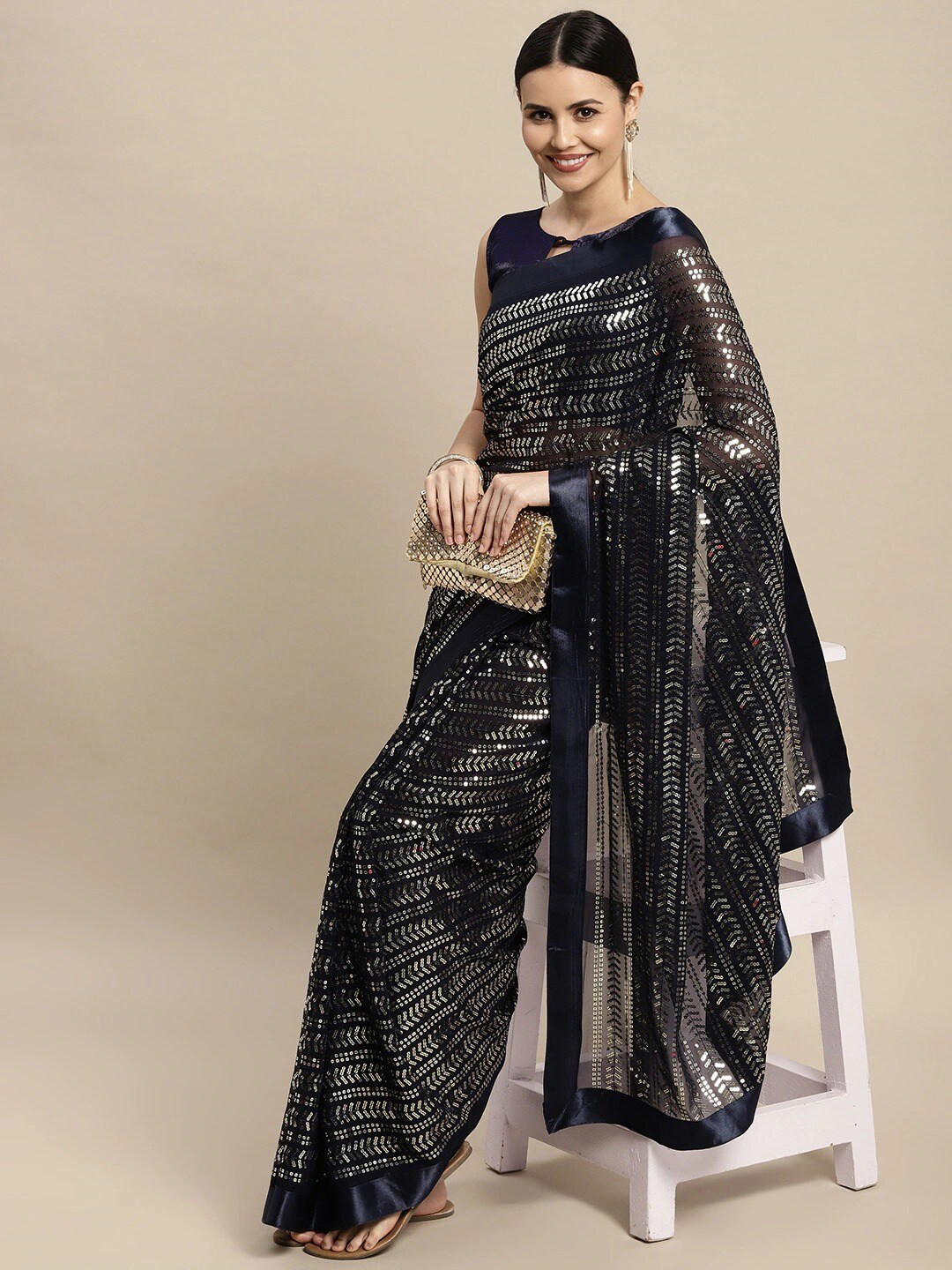 

Mitera Embellished Sequinned Heavy Work Saree, Navy blue