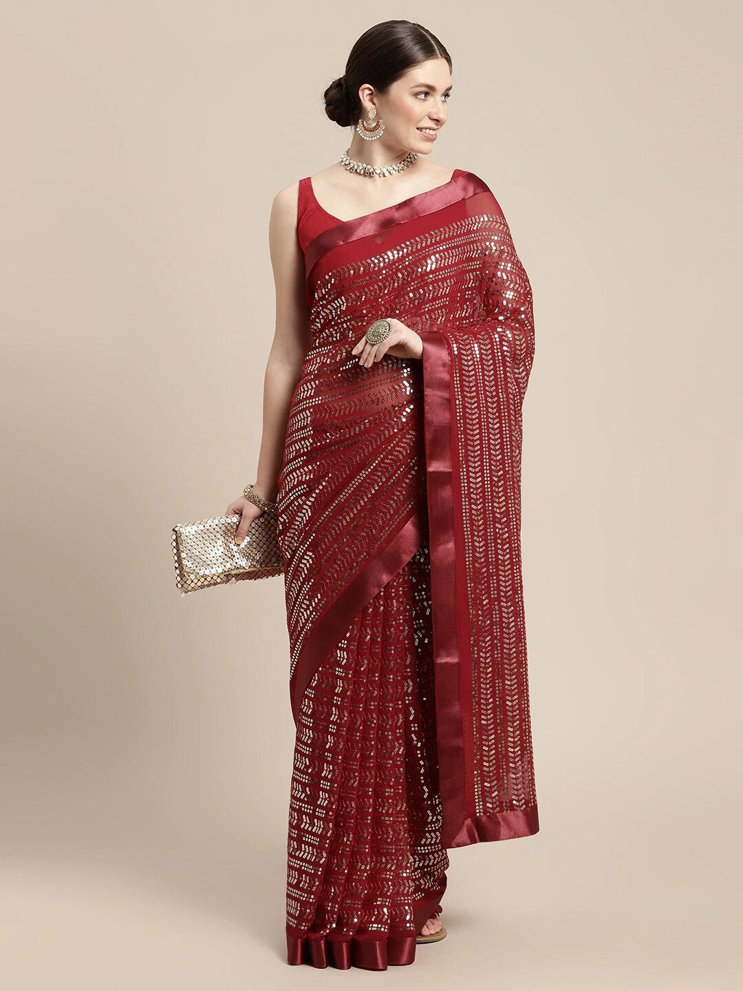 

Mitera Embellished Sequinned Saree, Red