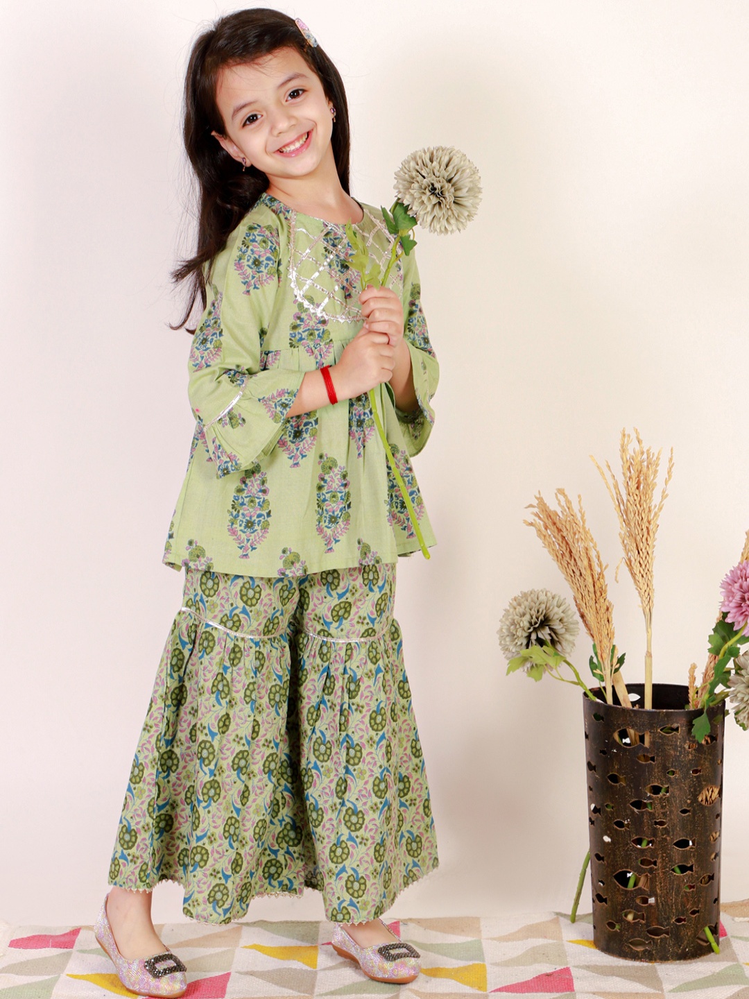 

Superminis Girls Ethnic Motifs Printed A-Line Gotta Patti Pure Cotton Kurti with Sharara, Green