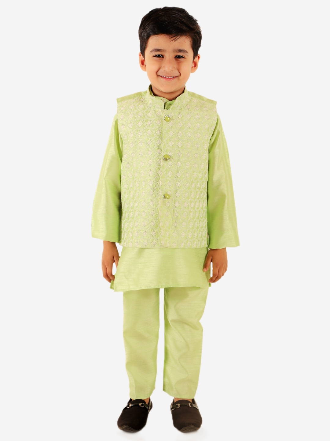 

Superminis Boys Mandarin Collar Chikankari Kurta with Pyjamas, Green