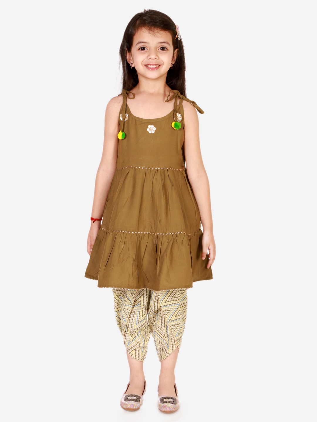 

Superminis Girls Tiered Gotta Patti A-Line Pure Cotton Kurta with Dhoti Pants, Brown