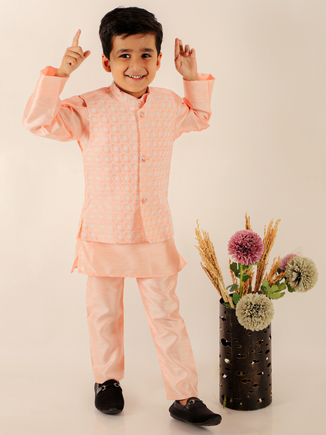 

Superminis Boys Mandarin Collar Chikankari Kurta with Pyjamas, Peach