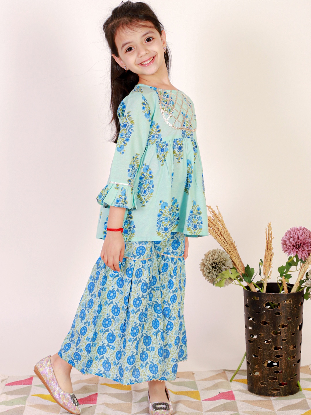 

Superminis Girls Ethnic Motifs Printed Gotta Patti Pure Cotton Kurti with Sharara, Blue