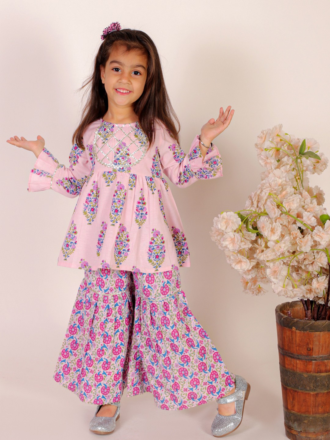 

Superminis Girls Floral Printed Gotta Patti Pure Cotton A-Line Kurti With Sharara, Pink