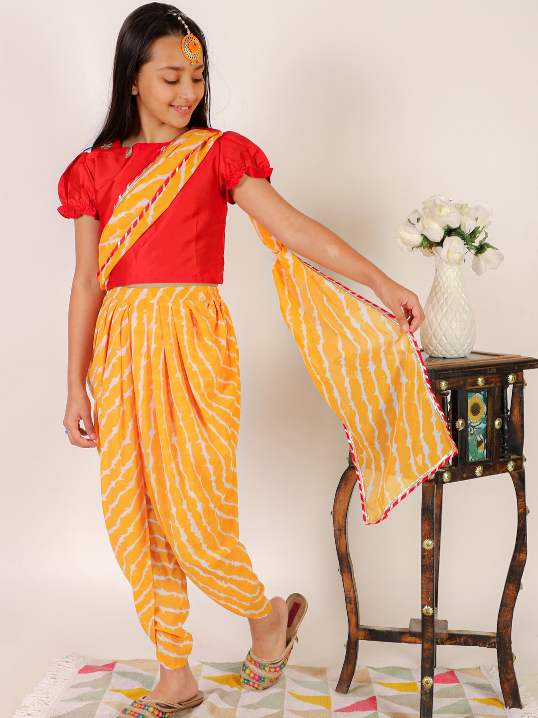 

Superminis Girls Gotta Patti Top with Dhoti Pants & Attached Dupatta, Red