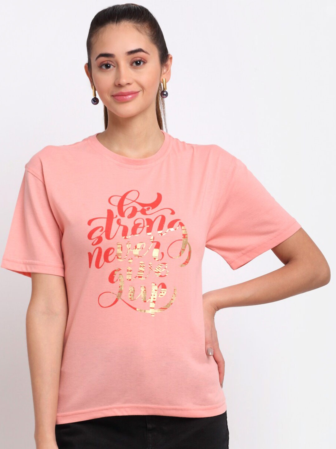 

Club York Typography Printed Drop Shoulder Sleeves Loose Fit T-shirt, Pink