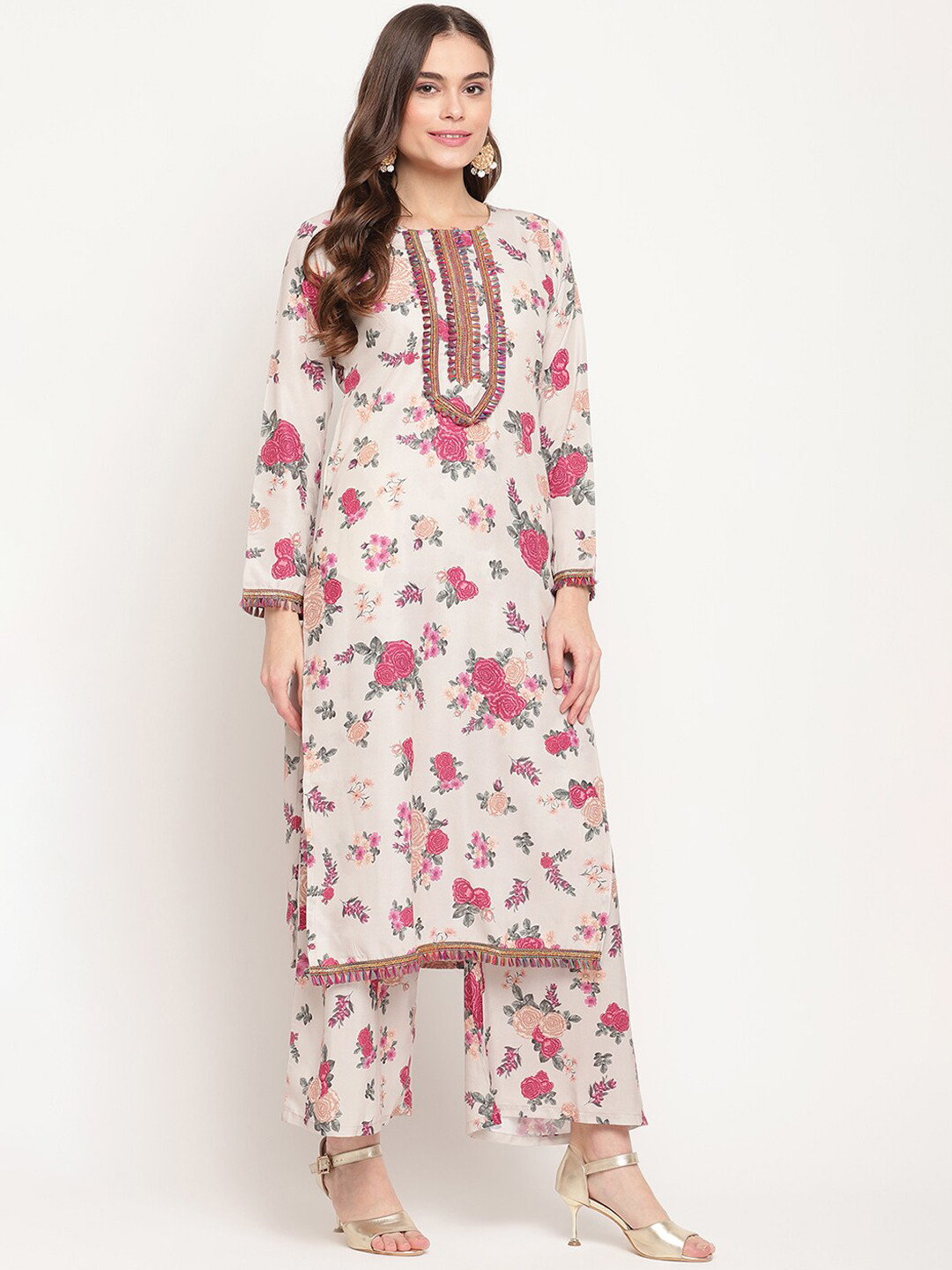 

Ahalyaa Floral Printed Round Neck Floral Crepe Straight Kurta, Beige