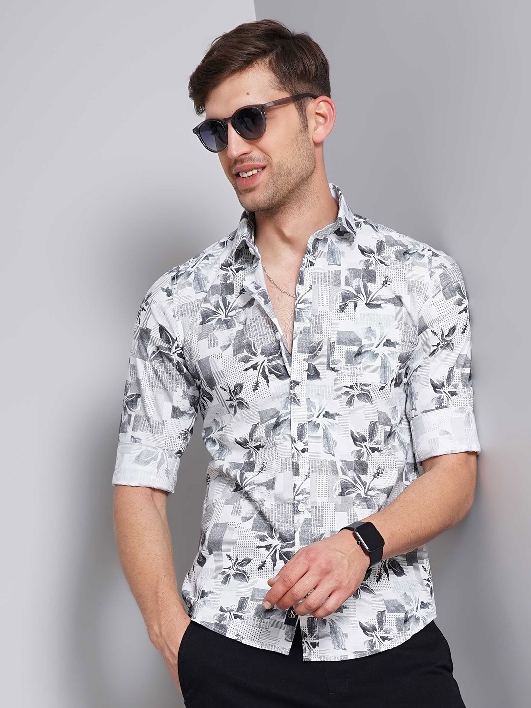 

SORATIA Slim Fit Floral Printed Cotton Casual Shirt, White