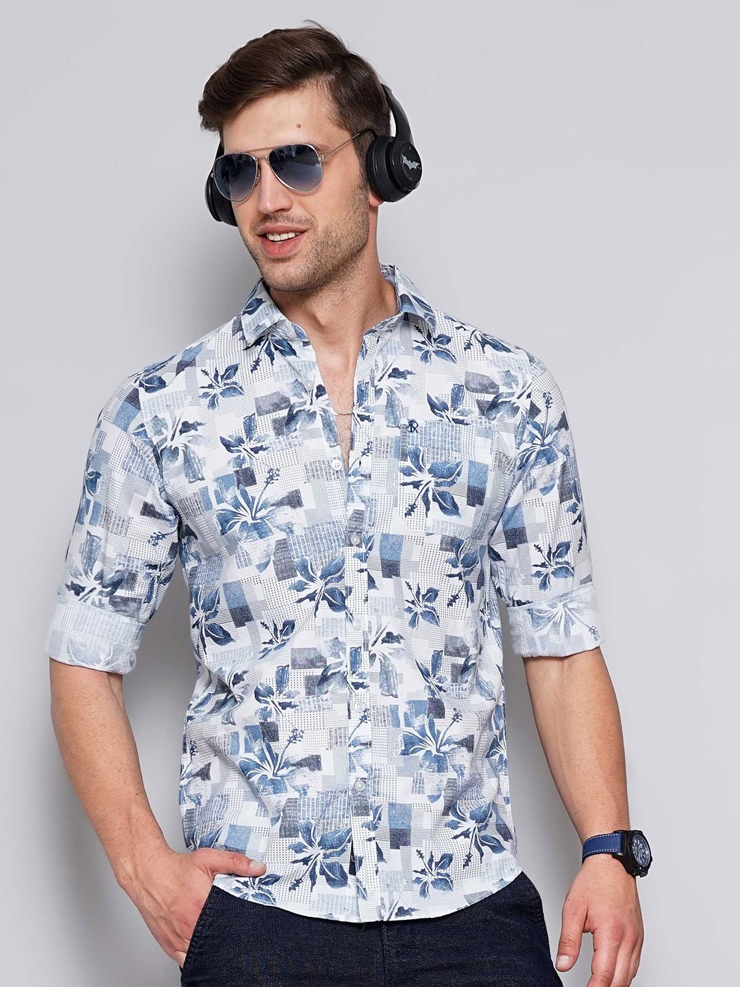 

SORATIA Slim Fit Floral Opaque Printed Cotton Casual Shirt, Blue