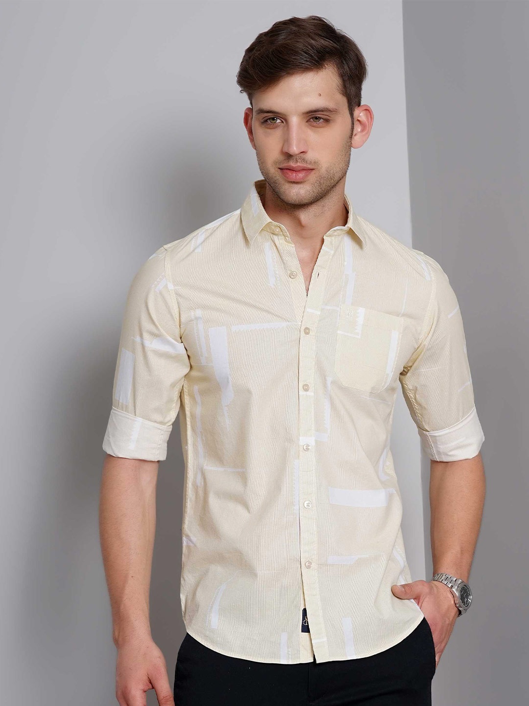 

SORATIA Slim Fit Opaque Abstract Printed Cotton Casual Shirt, Yellow