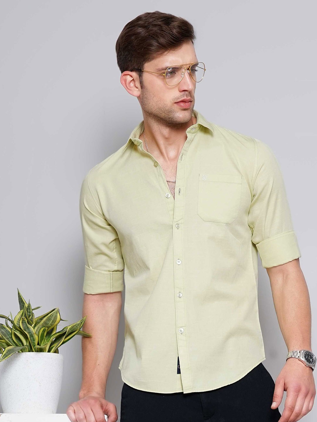 

SORATIA Slim Fit Opaque Cotton Casual Shirt, Lime green