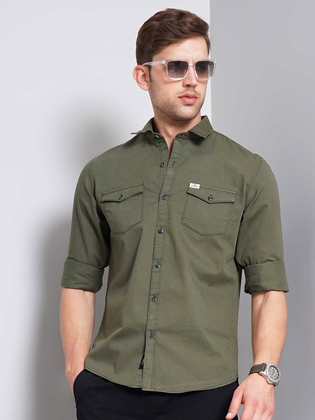 

SORATIA Slim Fit Opaque Cotton Casual Shirt, Olive