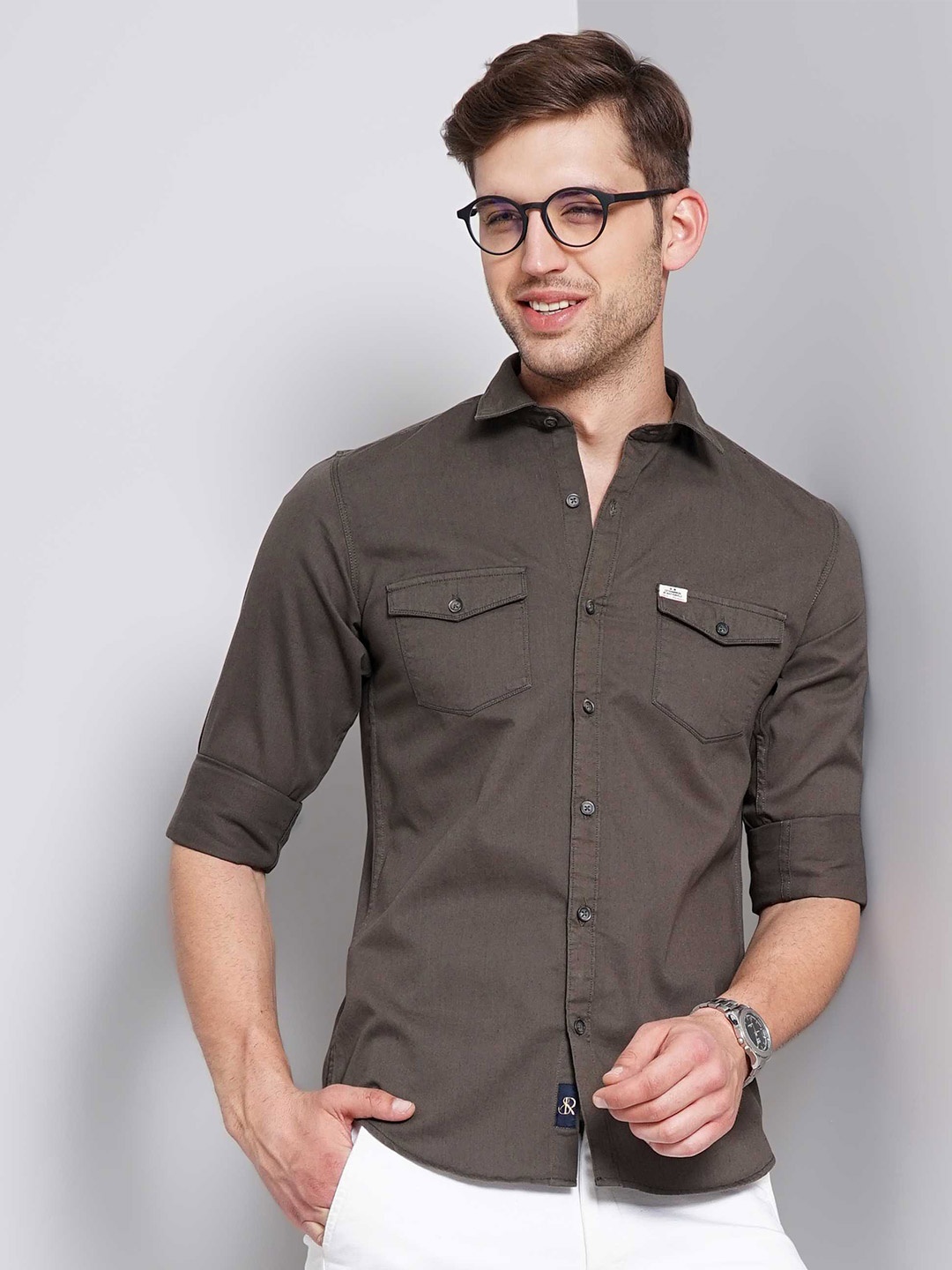 

SORATIA Spread Collar Slim Fit Cotton Casual Shirt, Grey