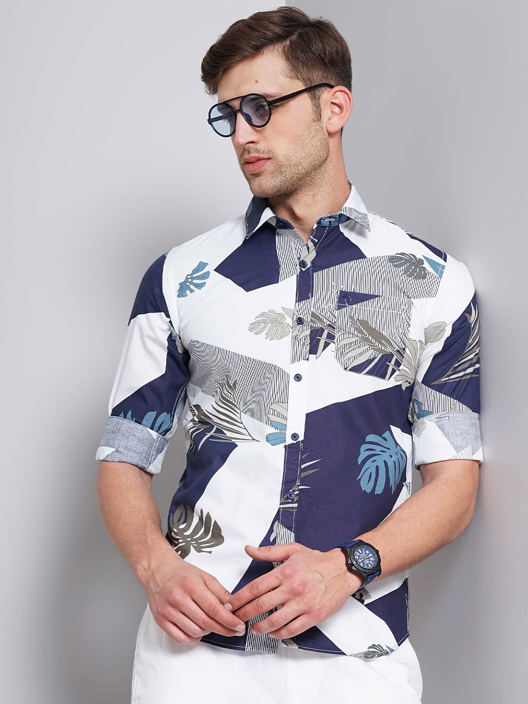 

SORATIA Slim Fit Opaque Printed Casual Shirt, Blue