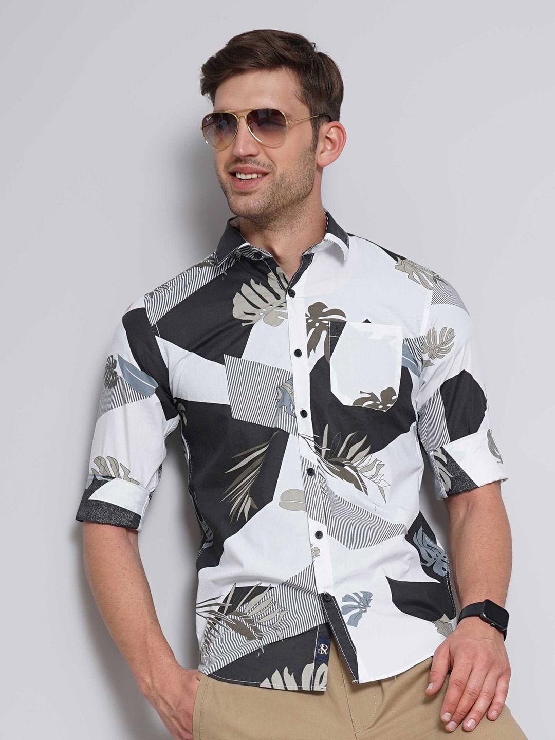 

SORATIA Slim Fit Opaque Tropical Printed Cotton Casual Shirt, White