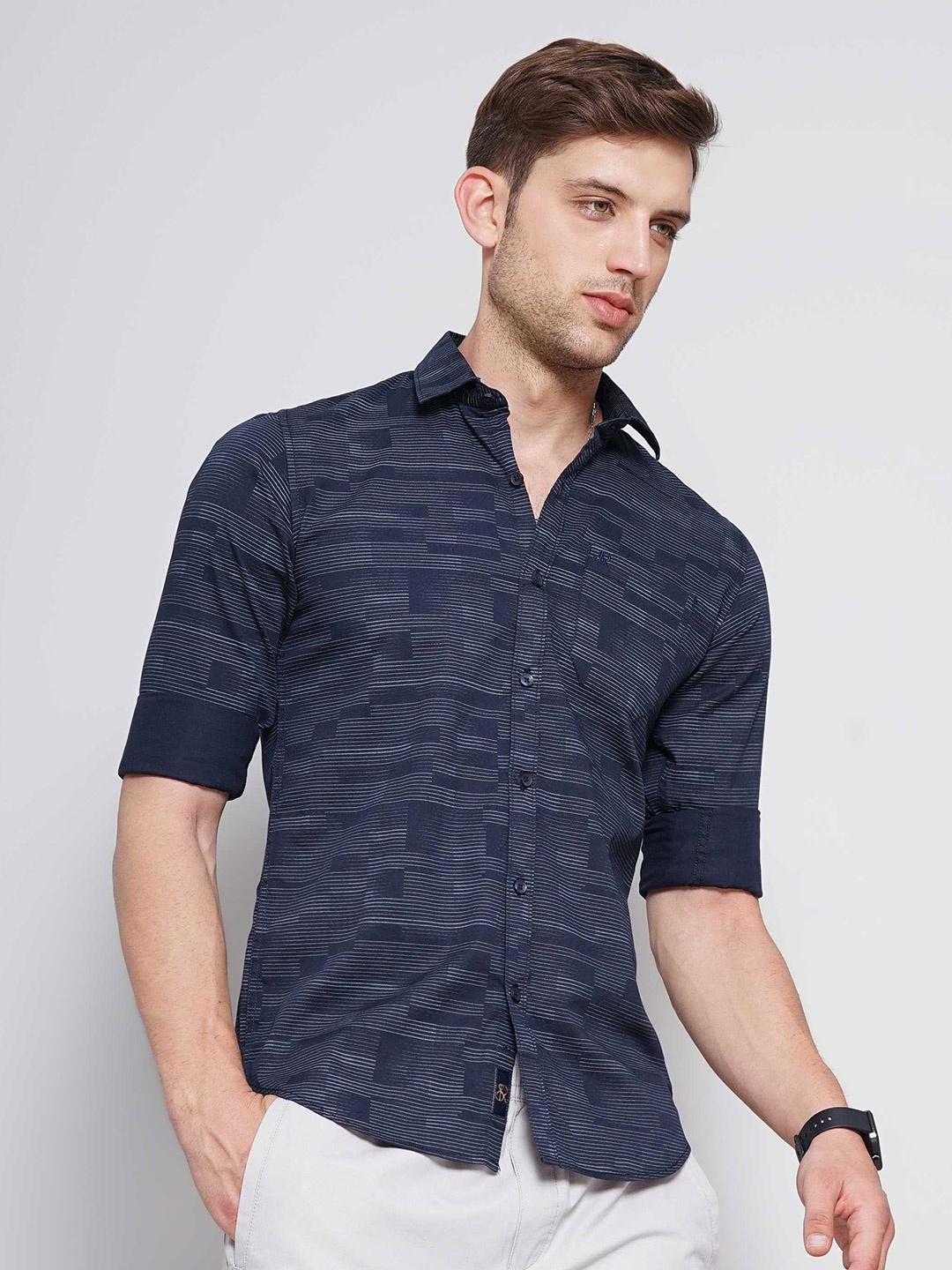 

SORATIA Men Navy Blue Slim Fit Opaque Printed Casual Shirt