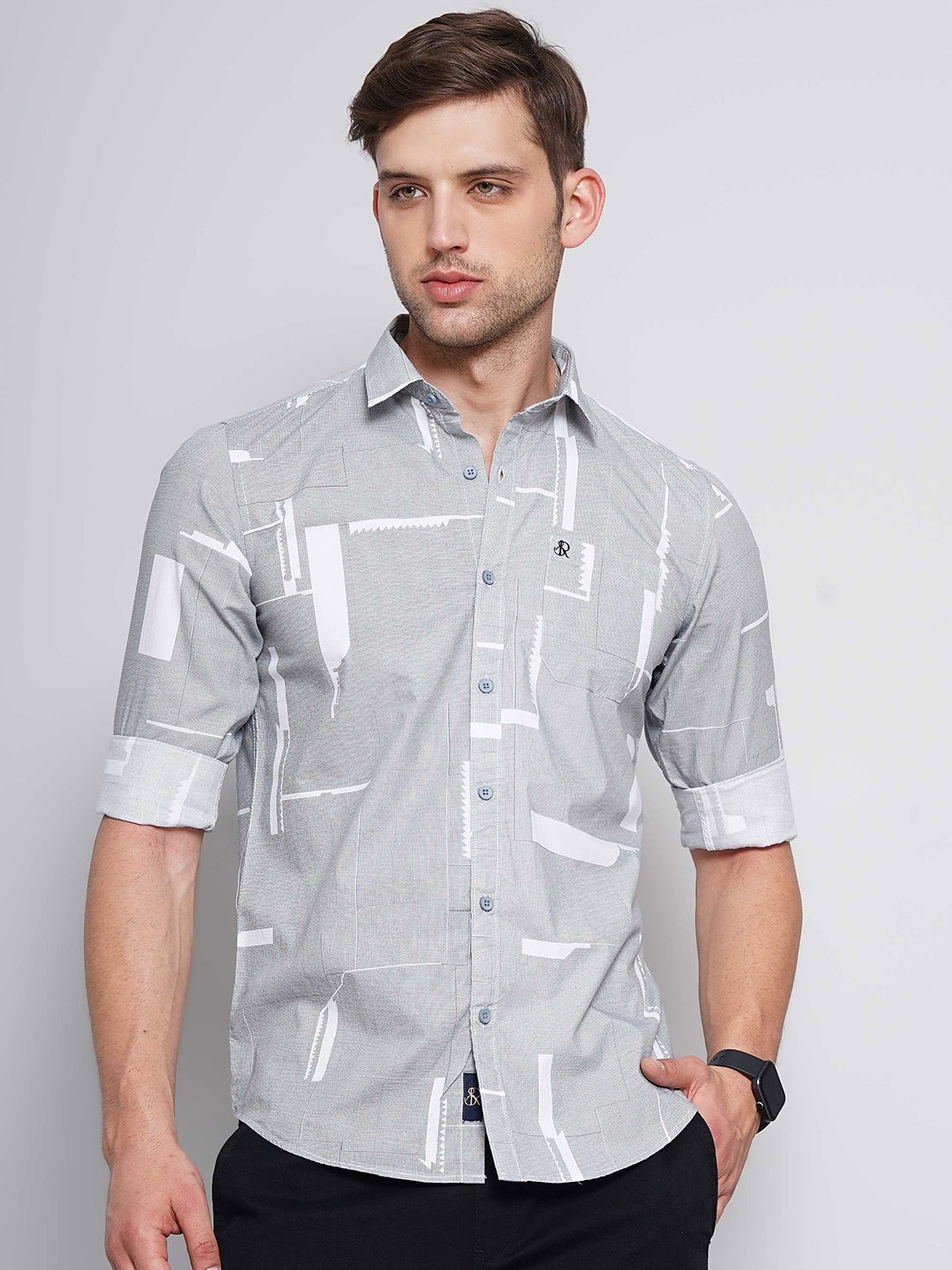 

SORATIA Abstract Printed Cotton Slim Fit Casual Shirt, Black