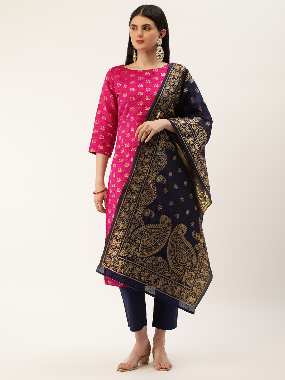 

Saanjh Floral Regular Kurta with Trousers & With Dupatta, Magenta