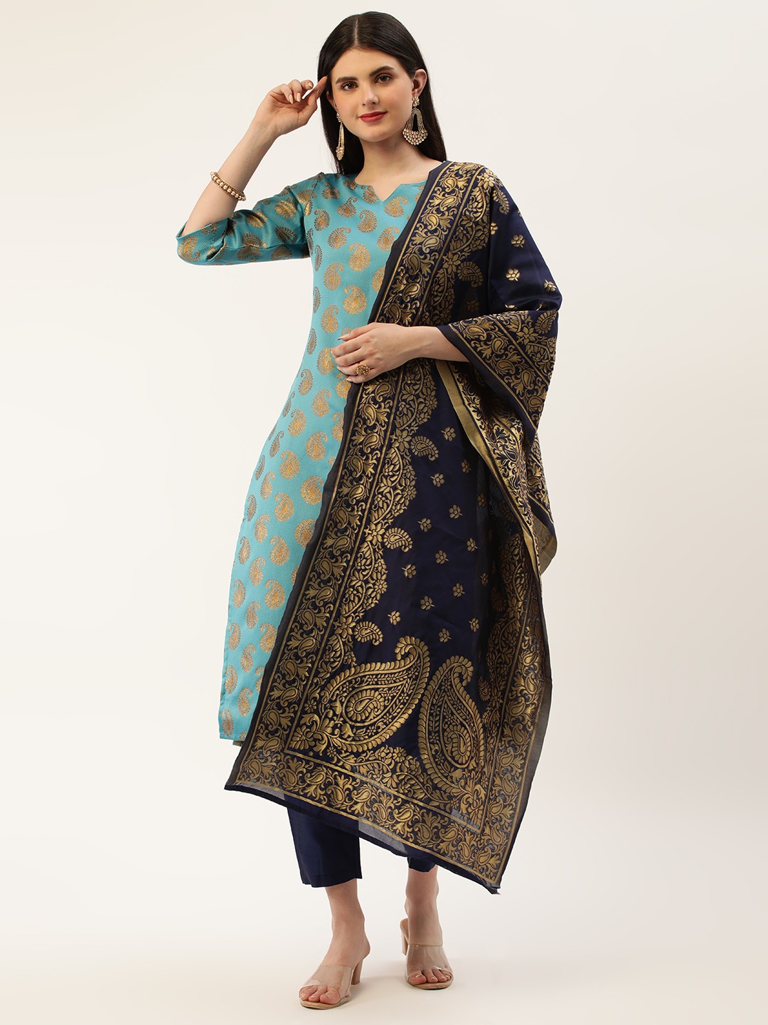 

Saanjh Paisley Regular Kurta with Trousers & With Dupatta, Blue