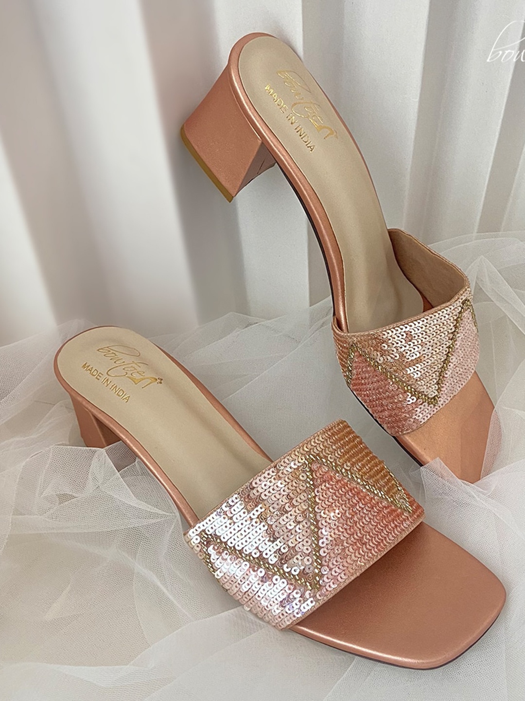 

Bowtoes Embellished Open Toe Block Heels, Rose gold