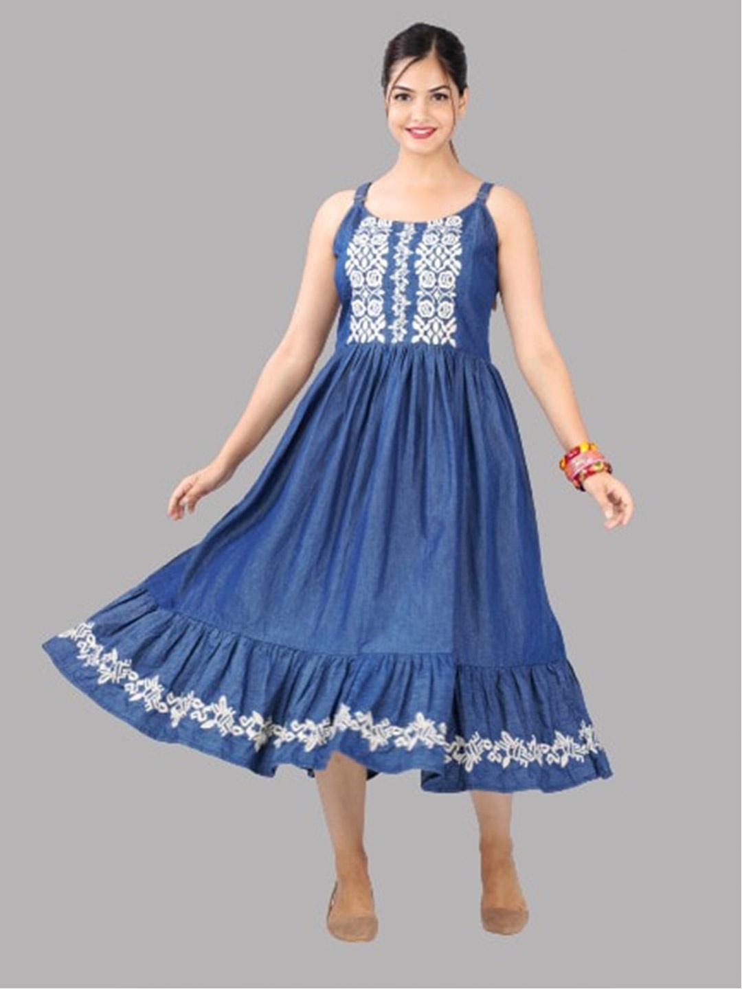 

SUMAVI-FASHION Ethnic Motifs Print Organic Cotton Denim Fit & Flare Midi Dress, Blue