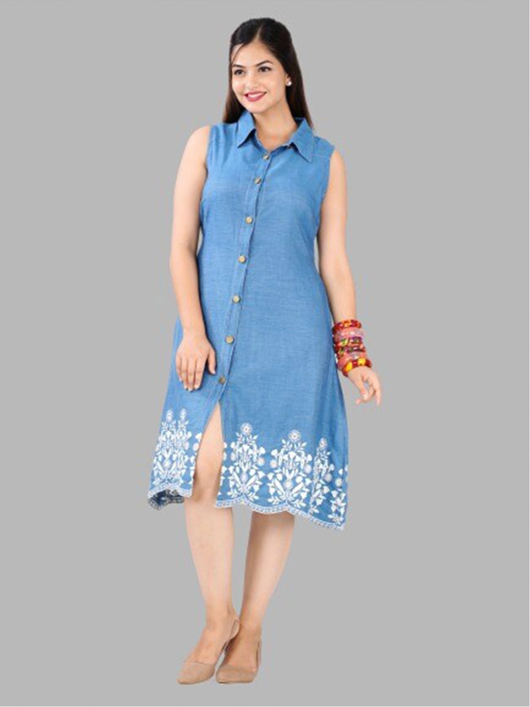 

SUMAVI-FASHION Embroidered Organic Cotton Denim Shirt Dress, Blue