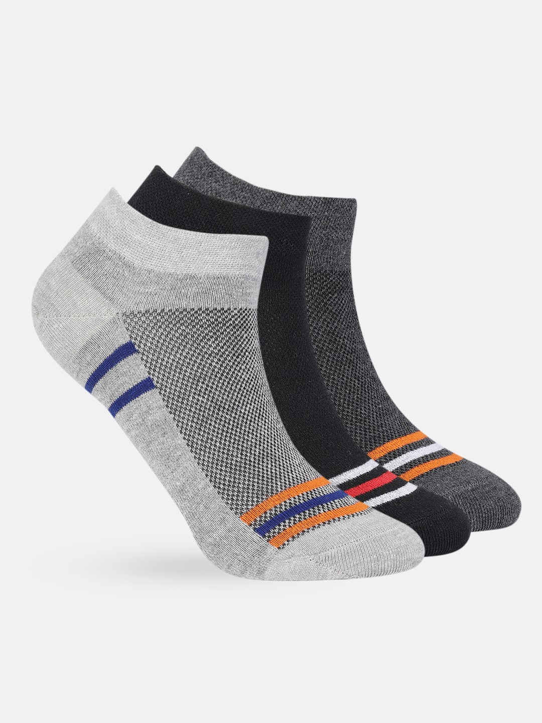

Mast & Harbour Men Set Of 3 Striped & Woven Design Ankle Length Socks, Grey