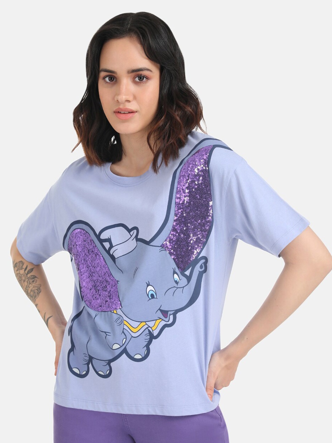 

Kazo Dumbo Printed Loose Fit Embellished Disney T-shirt, Purple