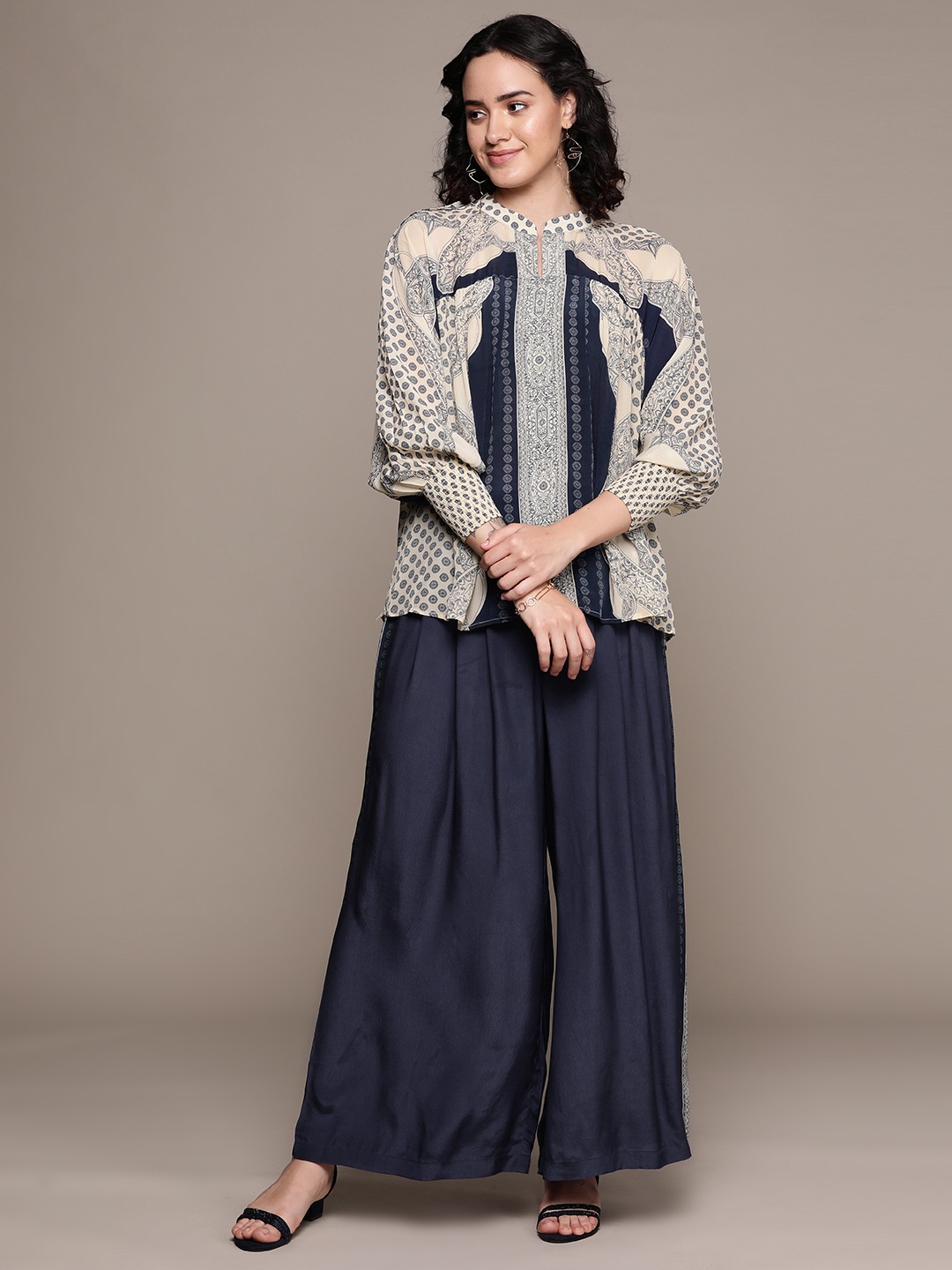 

Ritu Kumar Printed Mandarin Collar Top With Palazzos, Blue
