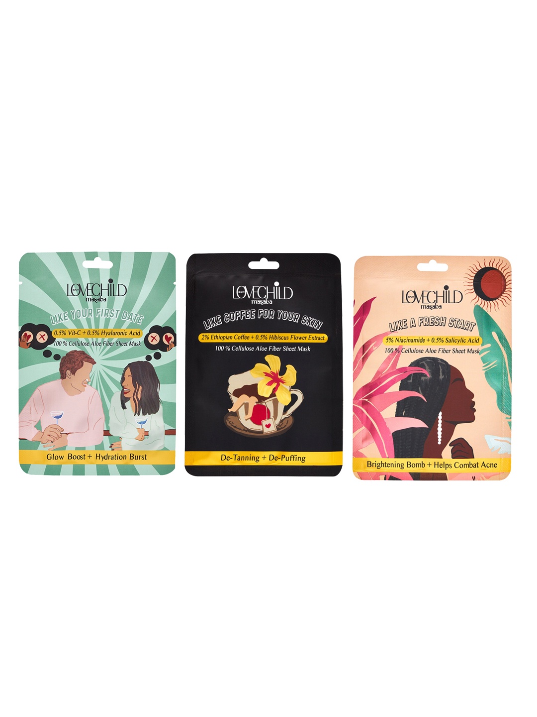 

Lovechild Masaba Set of 3 100% Cellulose Aloe Fiber Sheet Mask - 20g Each, Black