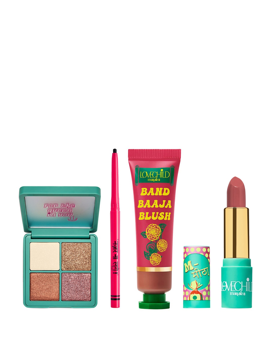 

Lovechild Masaba Shimmer Highlighter + Band Baaja Blush + Luxe-Matte Lipstick + Kajal, Brown